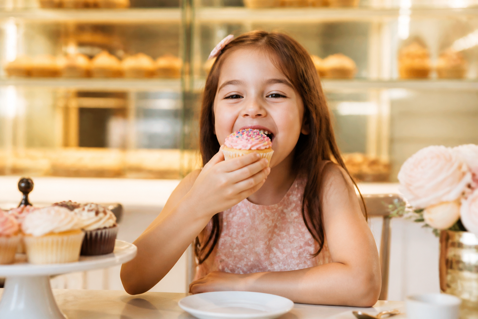 A child enjoying a frosted cupcake