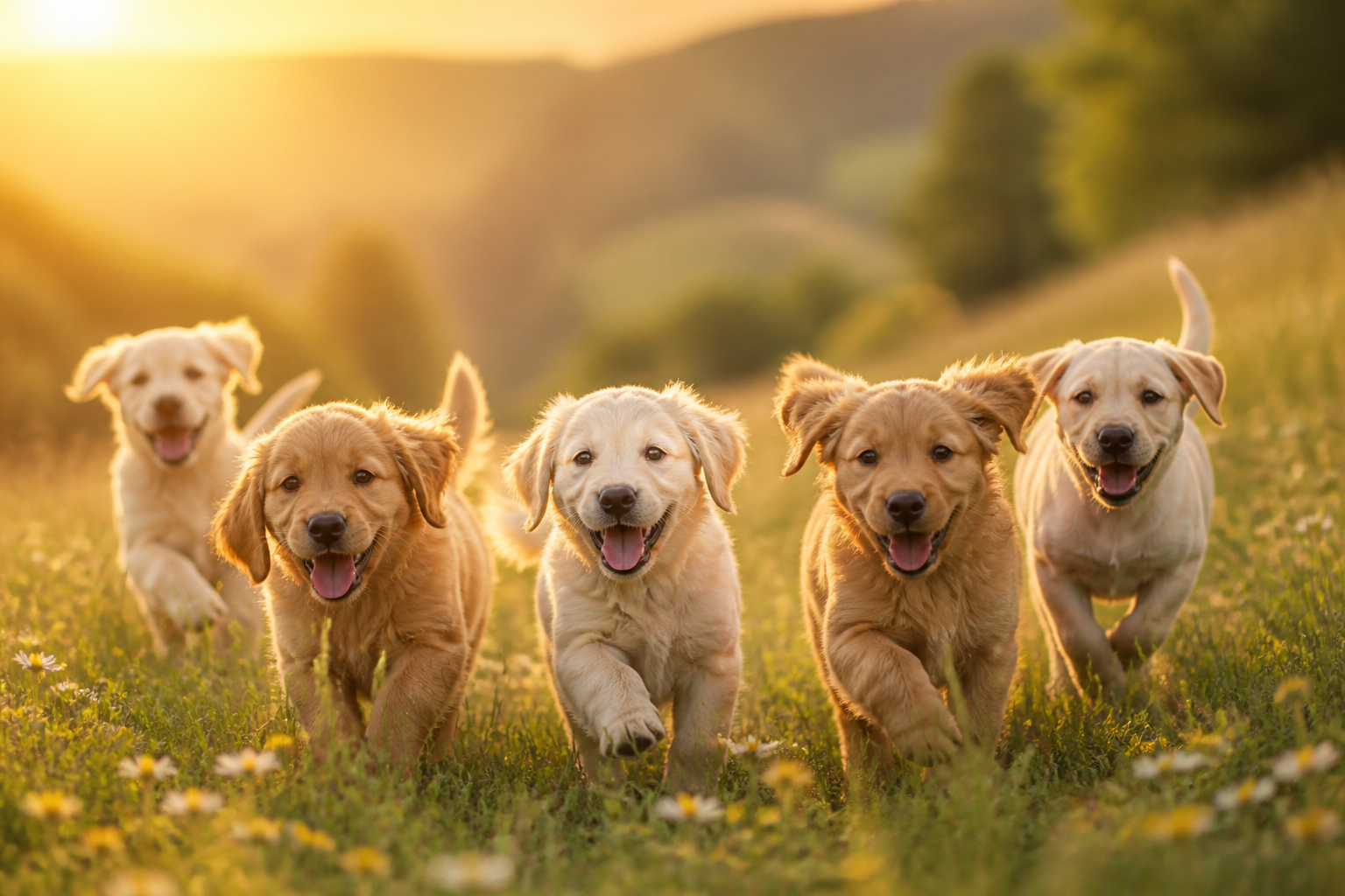 Puppies running through a sunlit field